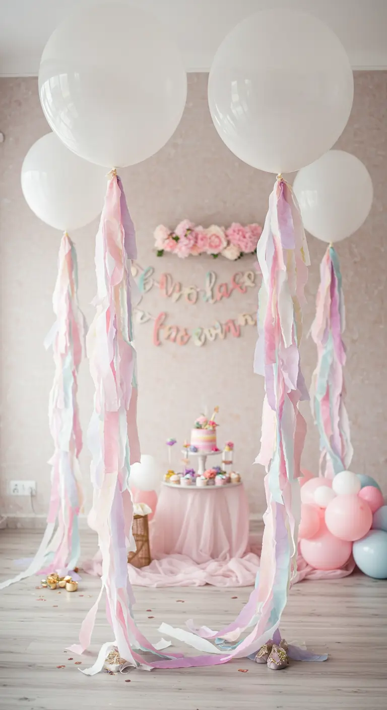 Large white balloons with long, flowing streamers painted in soft pastel watercolors.