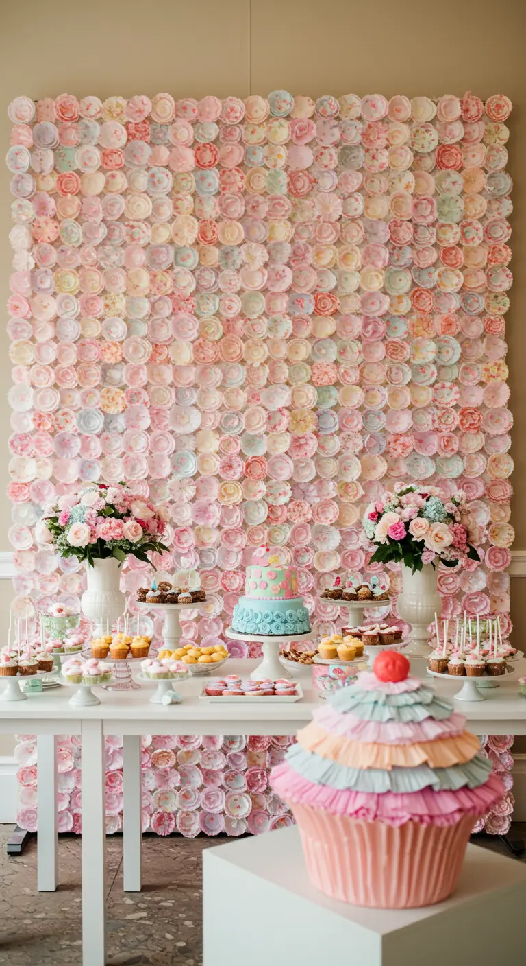 A beautiful backdrop made from hundreds of painted cupcake liners.