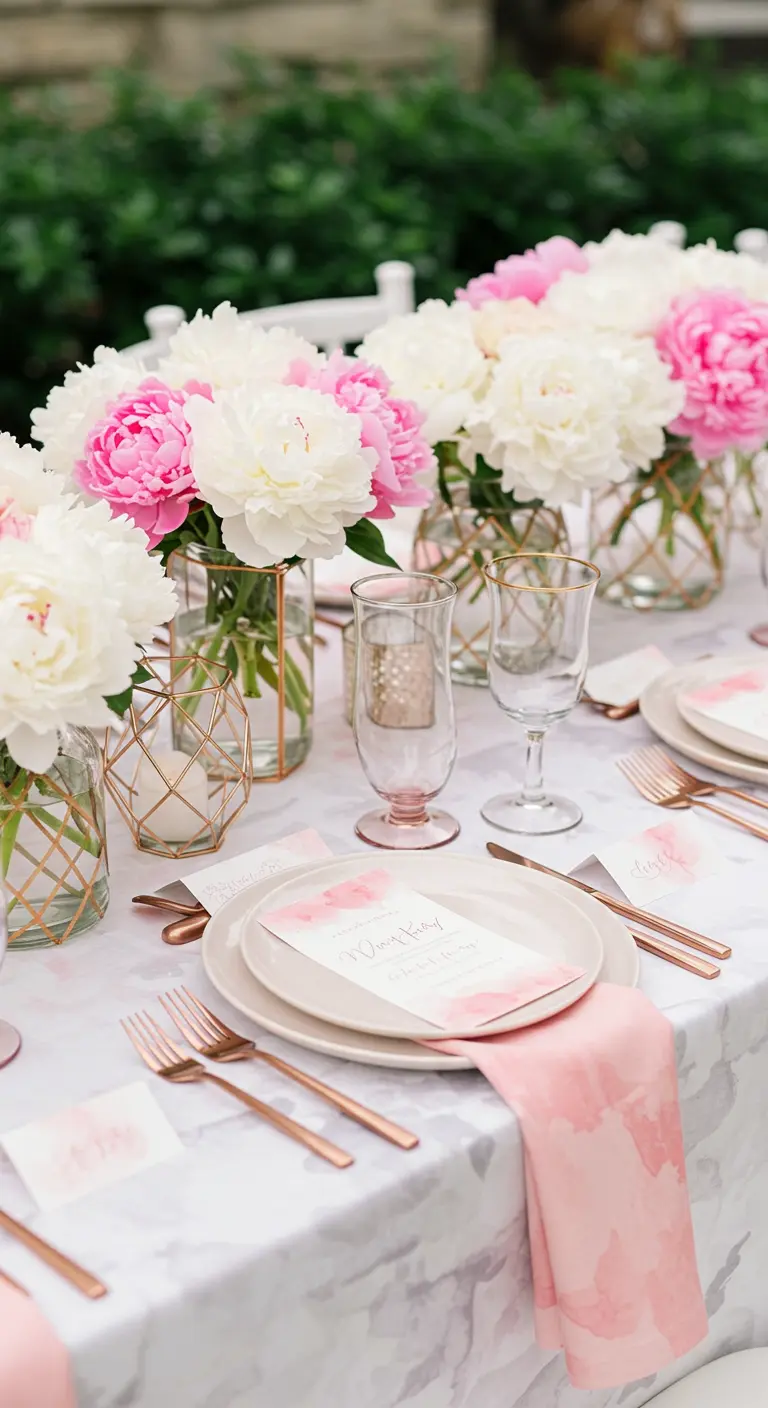 Marble table with watercolor menus, pink peonies, and rose gold details.