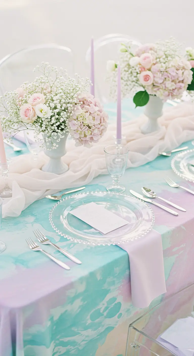An ethereal tablescape with a pastel watercolor tablecloth and soft floral arrangements.