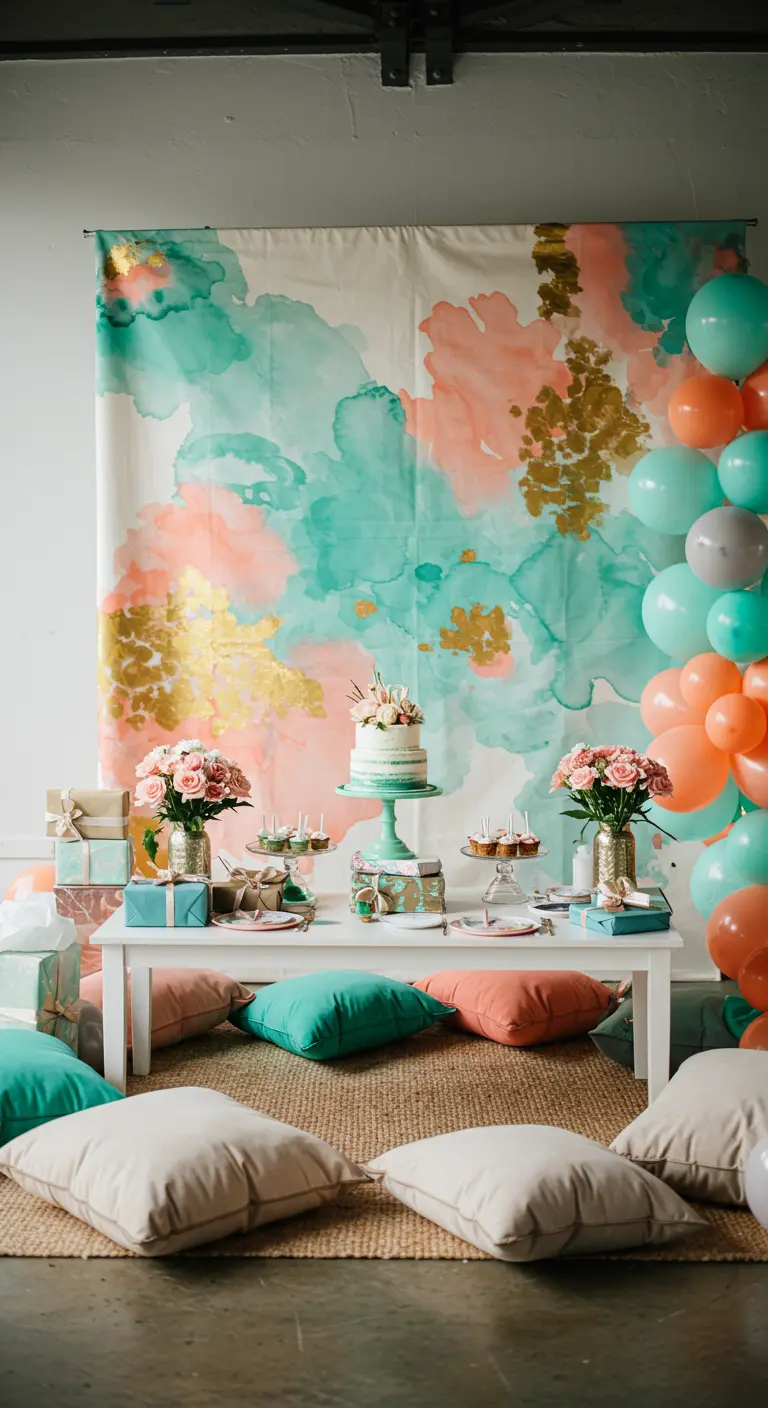 A dessert table in front of a watercolor-style backdrop in teal, coral, and gold.