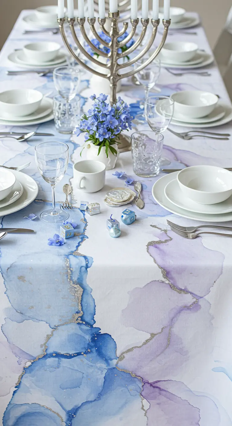 A Hanukkah table with a blue and purple watercolor-print tablecloth featuring silver glitter details.