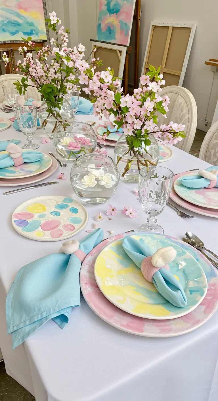 Tablescape with hand-painted watercolor plates and cherry blossoms.