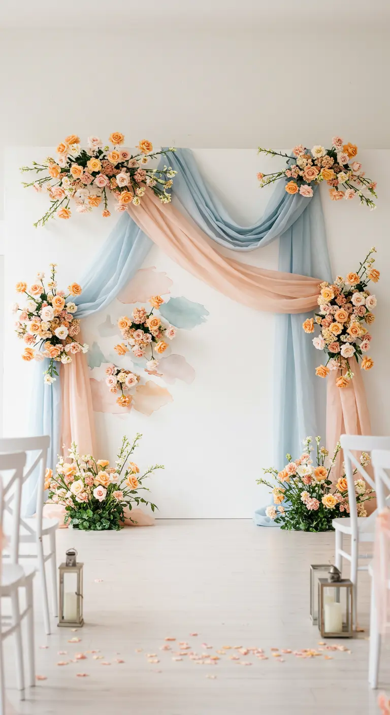 A backdrop with blue and peach tulle layered over a watercolor-painted wall.