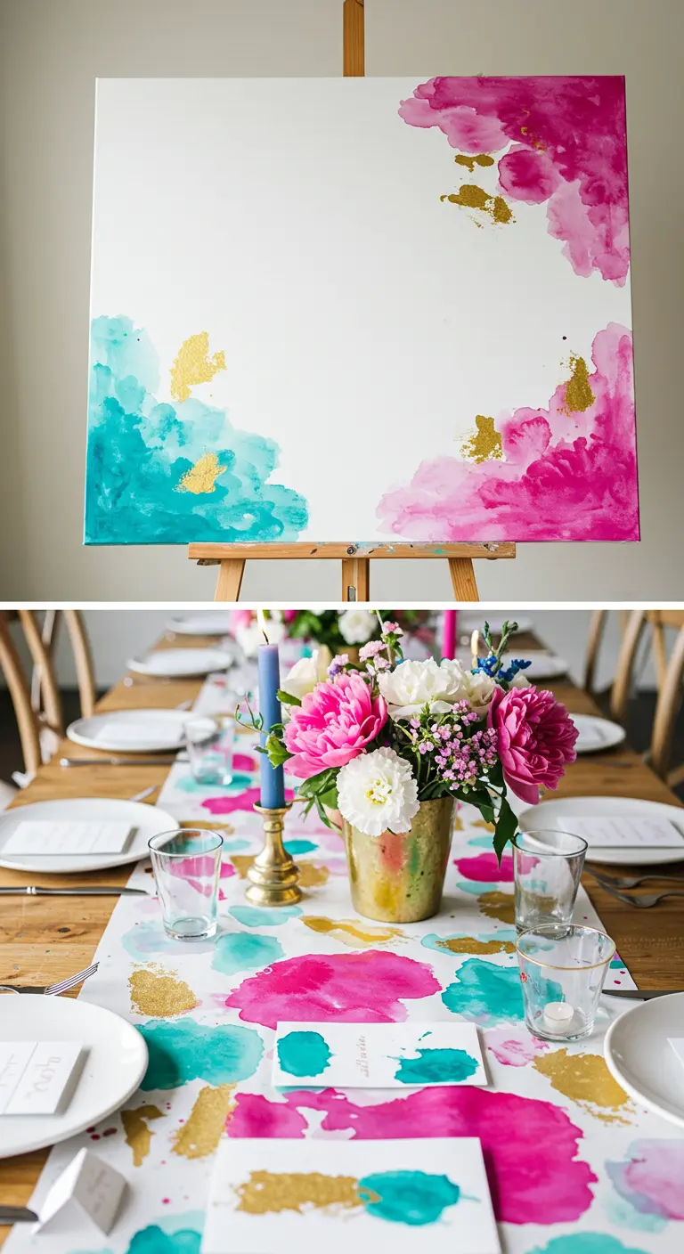 A table runner and canvas backdrop painted with abstract watercolor splotches.