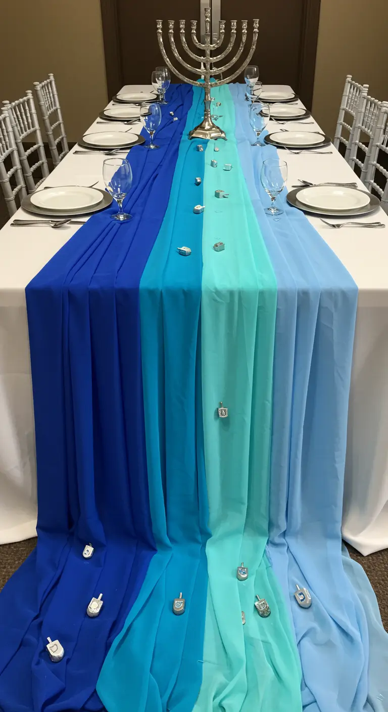 A long table decorated with sheer blue fabrics in different shades, creating a waterfall effect.