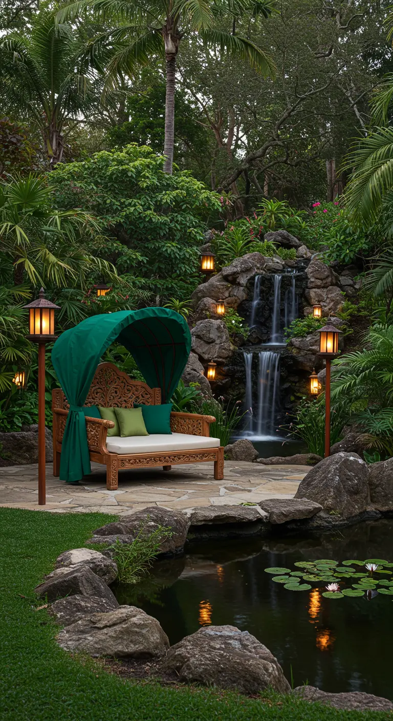 Ornately carved teak daybed with a green canopy set beside a garden waterfall.