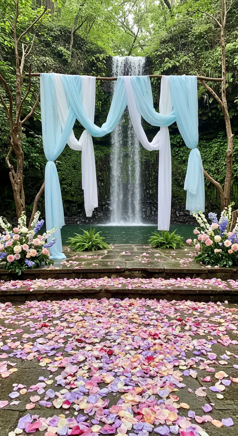 Wedding altar with layered blue and white drapes in front of a lush waterfall.