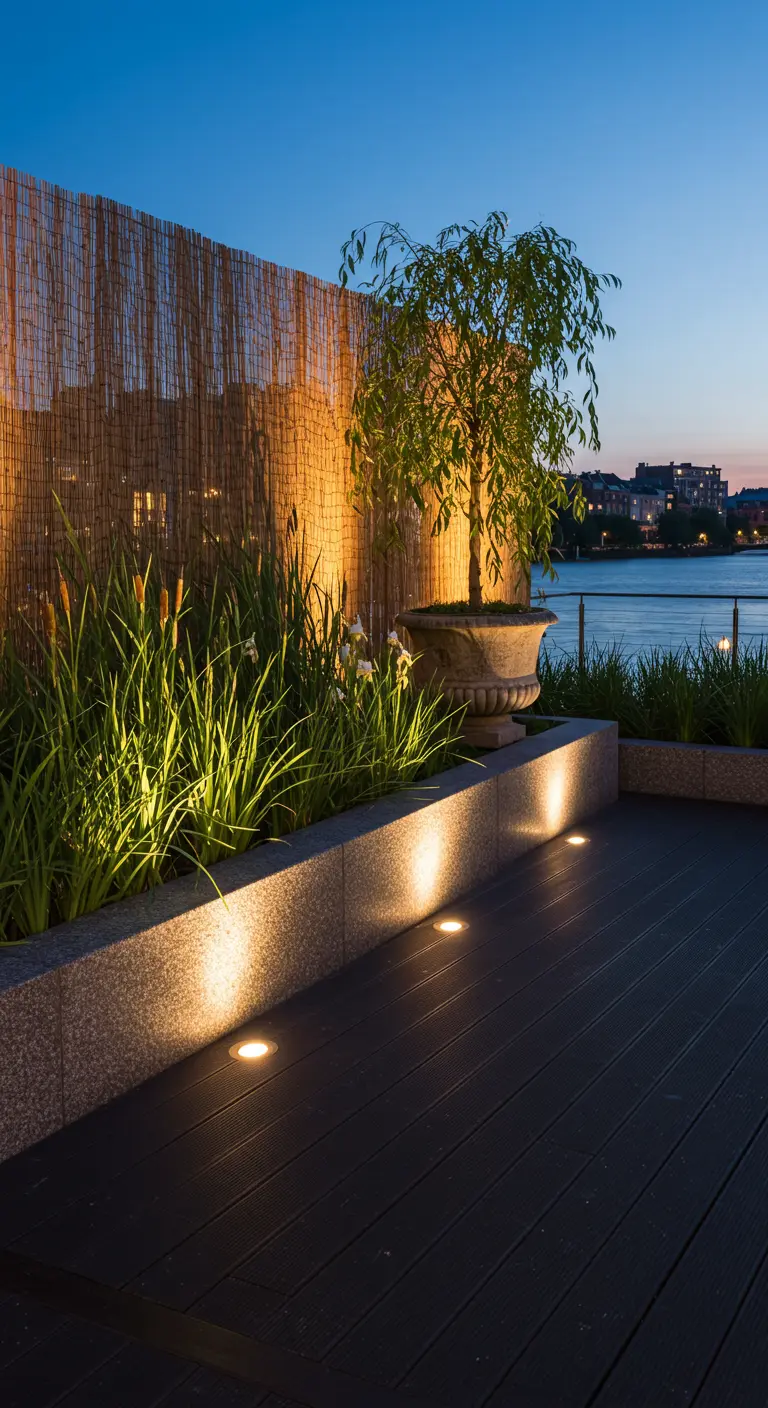 Deck with built-in planters and uplighting, overlooking water at twilight