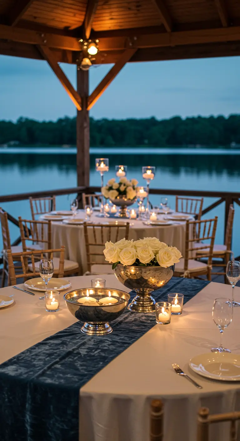 Lakeside wedding table with a blue velvet runner, white roses, and floating candles in silver bowls.