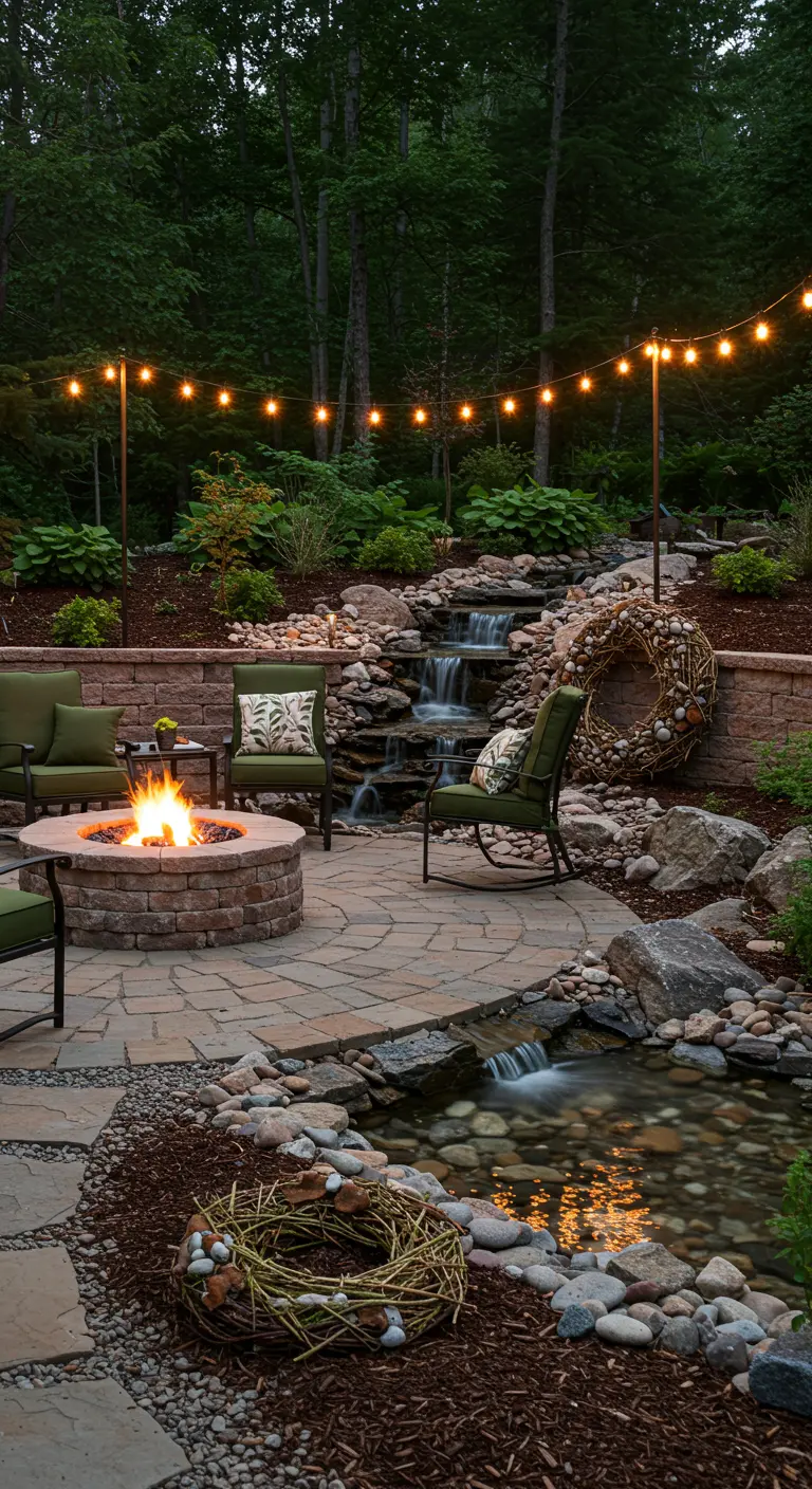 A patio with a fire pit and waterfall feature, with seating and rustic grapevine wreaths.