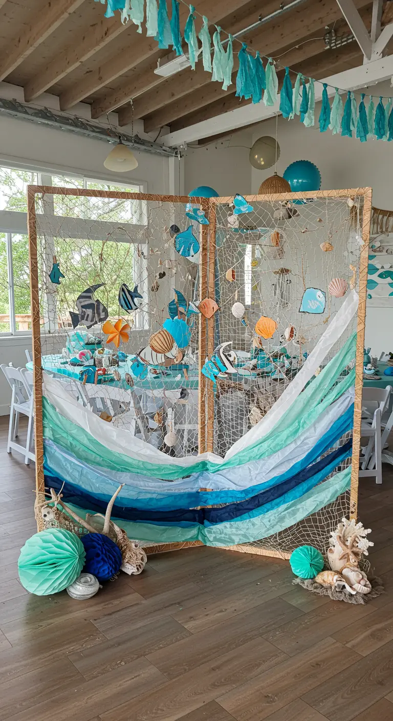 A freestanding wooden frame with netting and woven blue and white fabric creating a wave room divider.