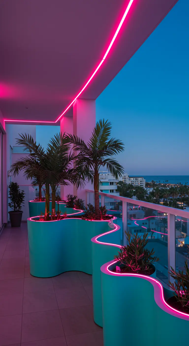 Wavy turquoise planters with small palms, outlined with a bright pink neon LED strip.
