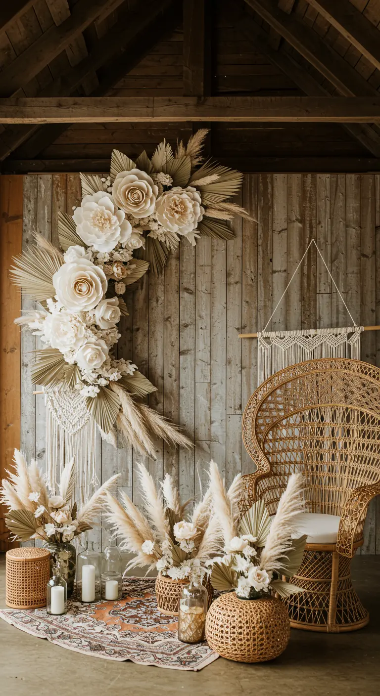 A crescent-shaped wall installation of white paper flowers, dried palms, and pampas grass.