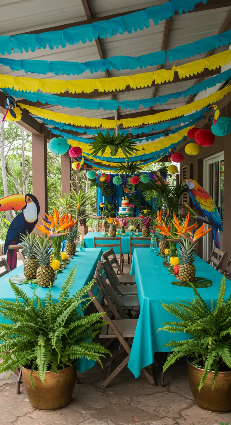 A patio decorated with layers of yellow and blue crepe paper streamers overhead.
