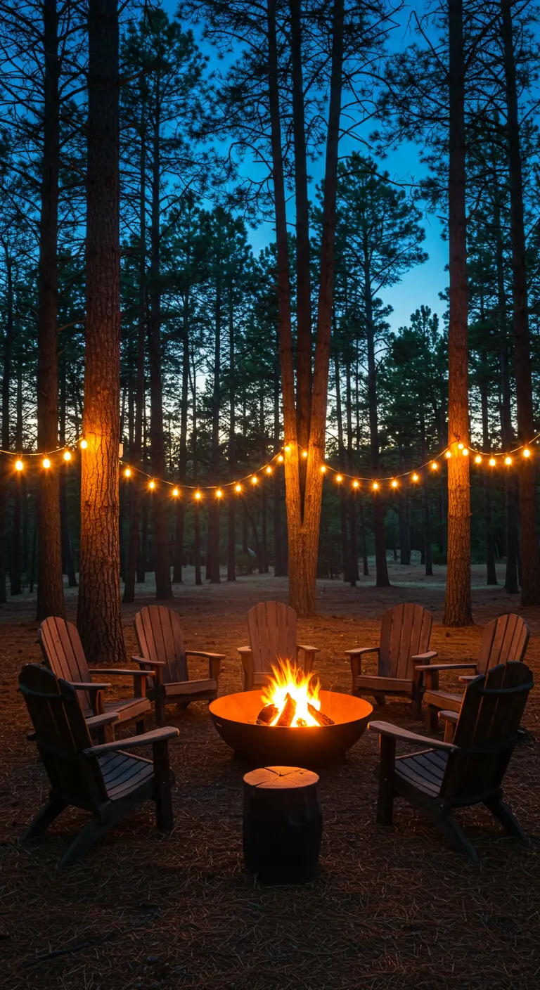 A fire pit at dusk in a forest, illuminated by a string of globe lights overhead.
