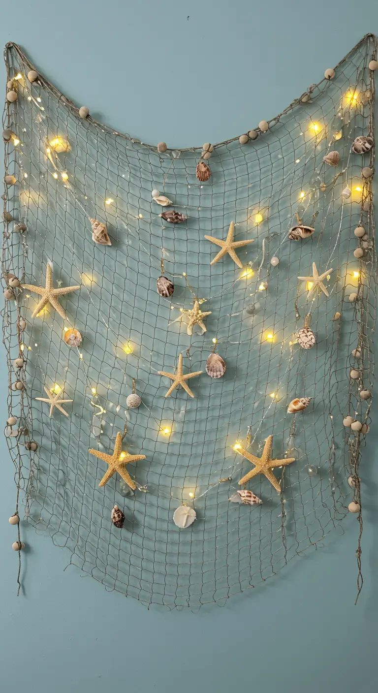 A decorative fishnet on a blue wall, woven with string lights and decorated with starfish and shells.
