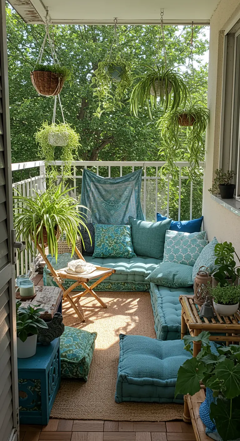 A lush bohemian balcony filled with teal and blue cushions, hanging plants, and a tapestry.