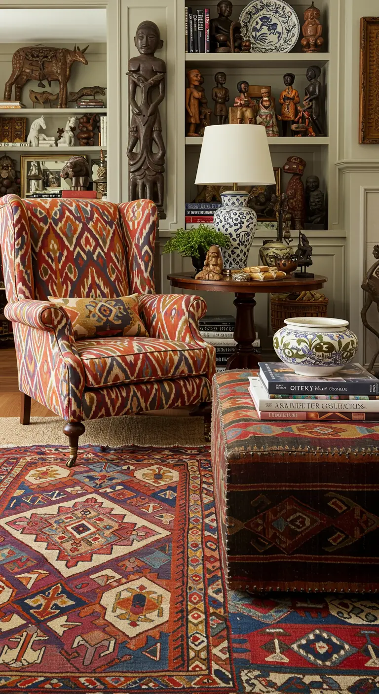 An ikat-patterned wingback chair in a room with global artifacts and a colorful geometric rug.