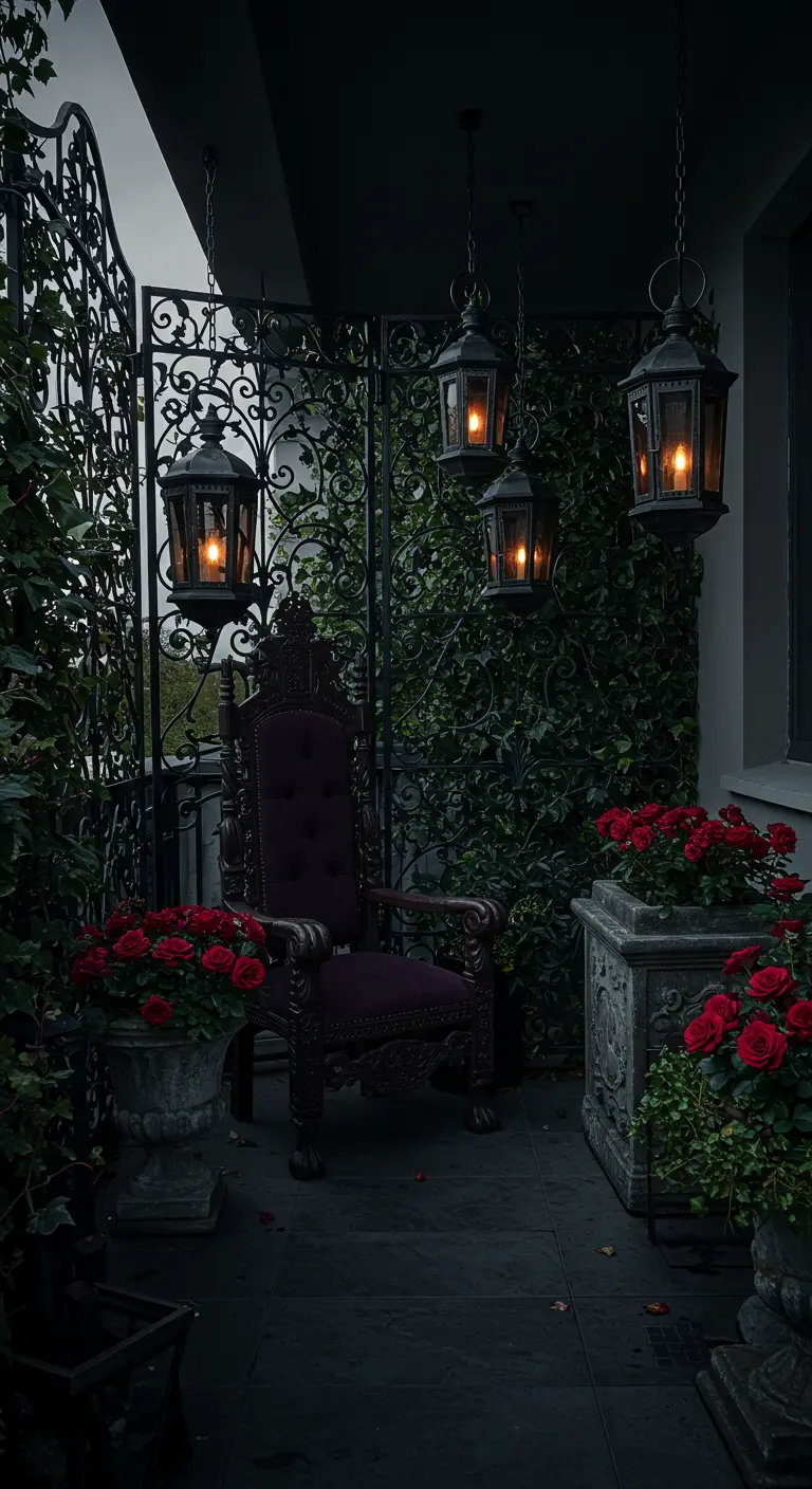 A moody, gothic-style balcony with black wrought iron, dark ivy, and red roses.