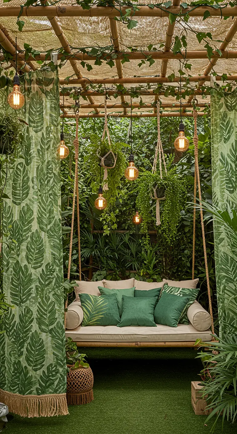 A lush green patio with a hanging swing, botanical print curtains, and numerous hanging plants.