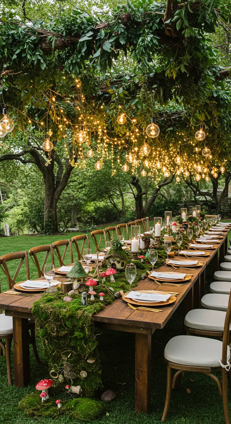 A long wooden dining table with a moss runner, mushrooms, and fairy lights.
