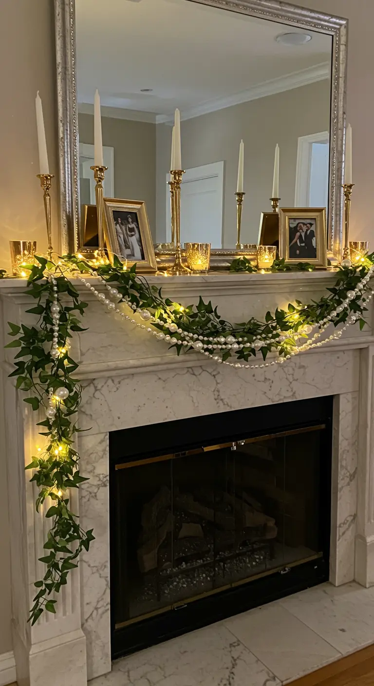 A marble fireplace mantel decorated with a garland of greenery, fairy lights, and draped pearls.