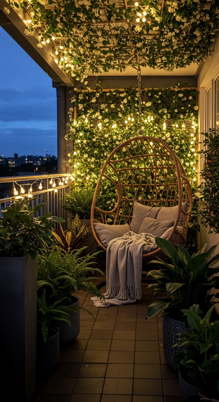 A balcony at dusk with a rattan egg chair under a ceiling of ivy and string lights.