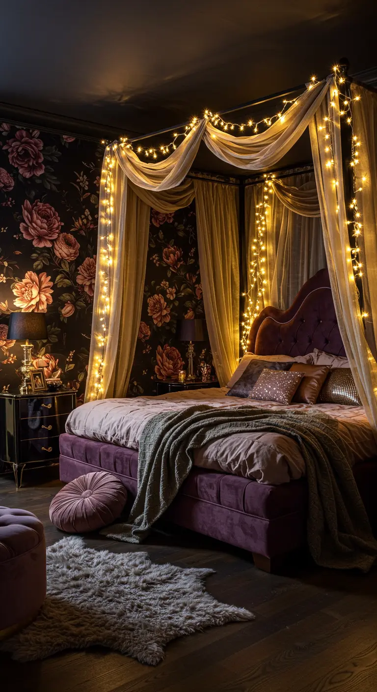 Canopy bed draped with fairy lights in a dark bedroom with floral wallpaper.