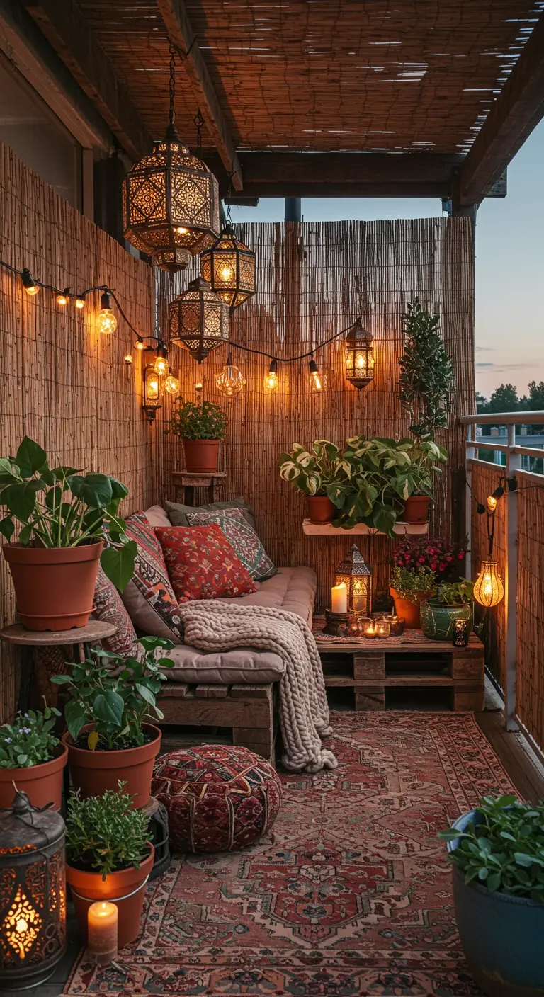 A cozy, bohemian balcony at dusk with reed privacy screens and glowing Moroccan lanterns.