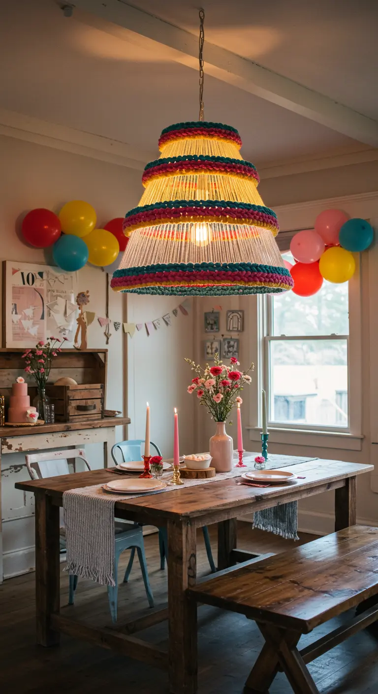 A large, tiered lampshade woven with colorful rainbow yarn hangs over a dining table.
