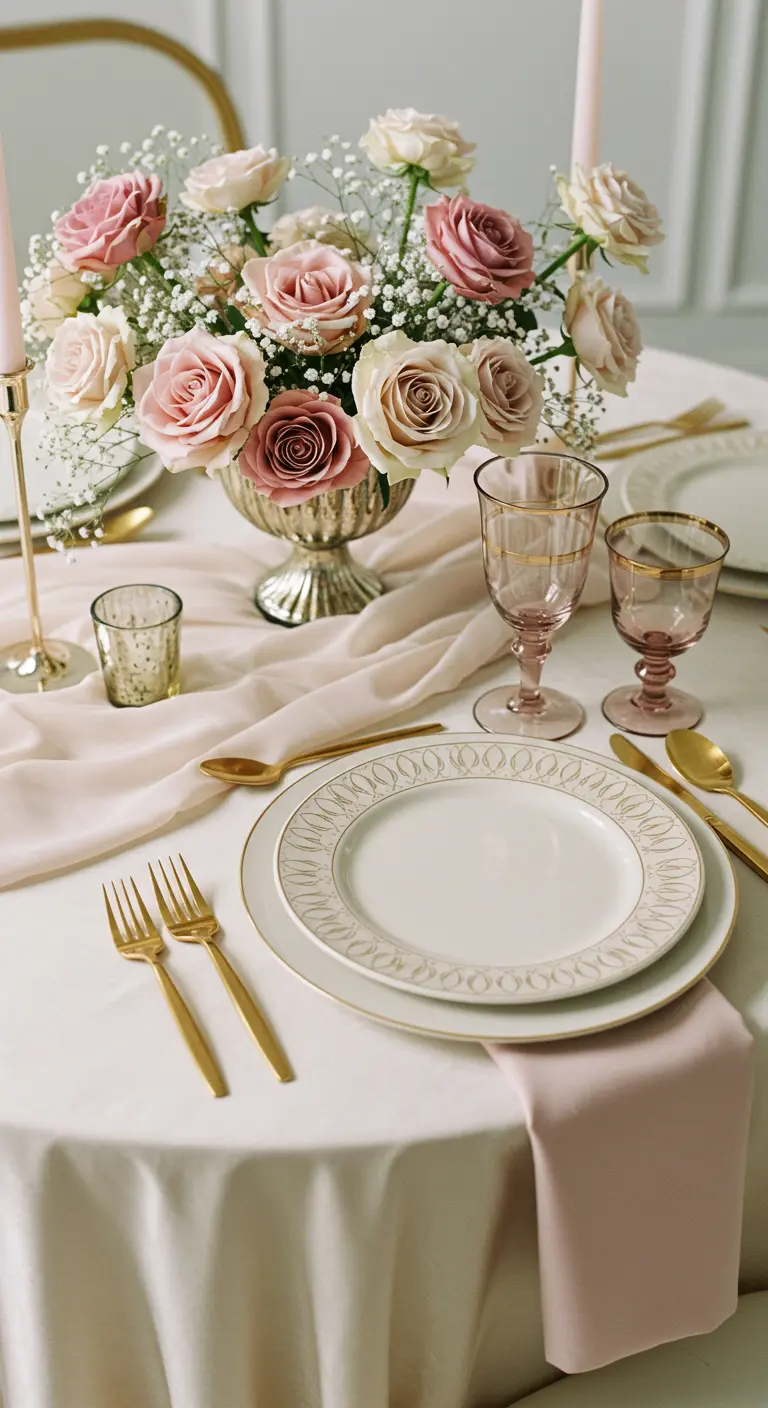 A romantic Art Deco table with dusty roses, gold cutlery, and a sheer runner.