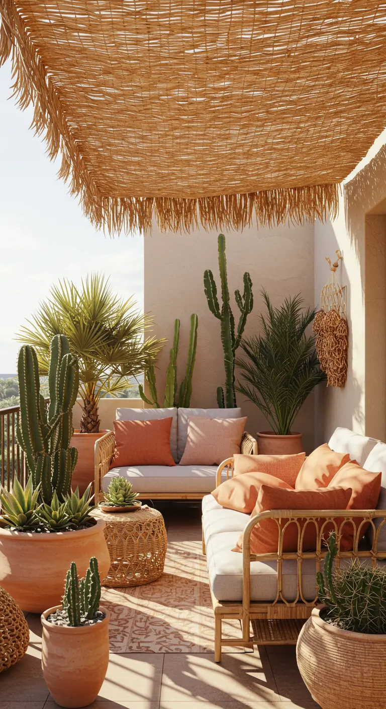 A desert-style balcony with a straw canopy, rattan furniture, cacti, and terracotta pots.