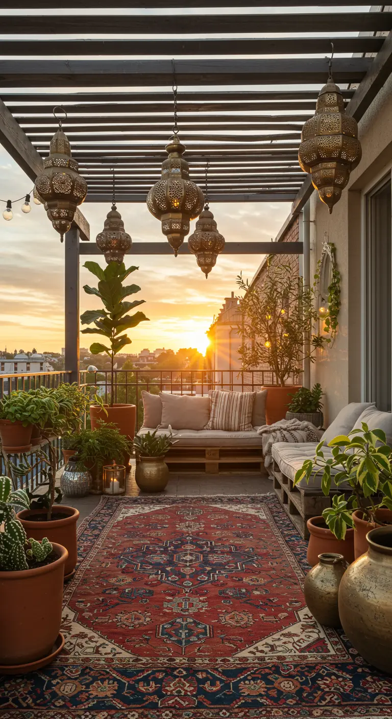 A boho balcony at sunset with a red rug, pallet sofas, and hanging Moroccan lanterns.