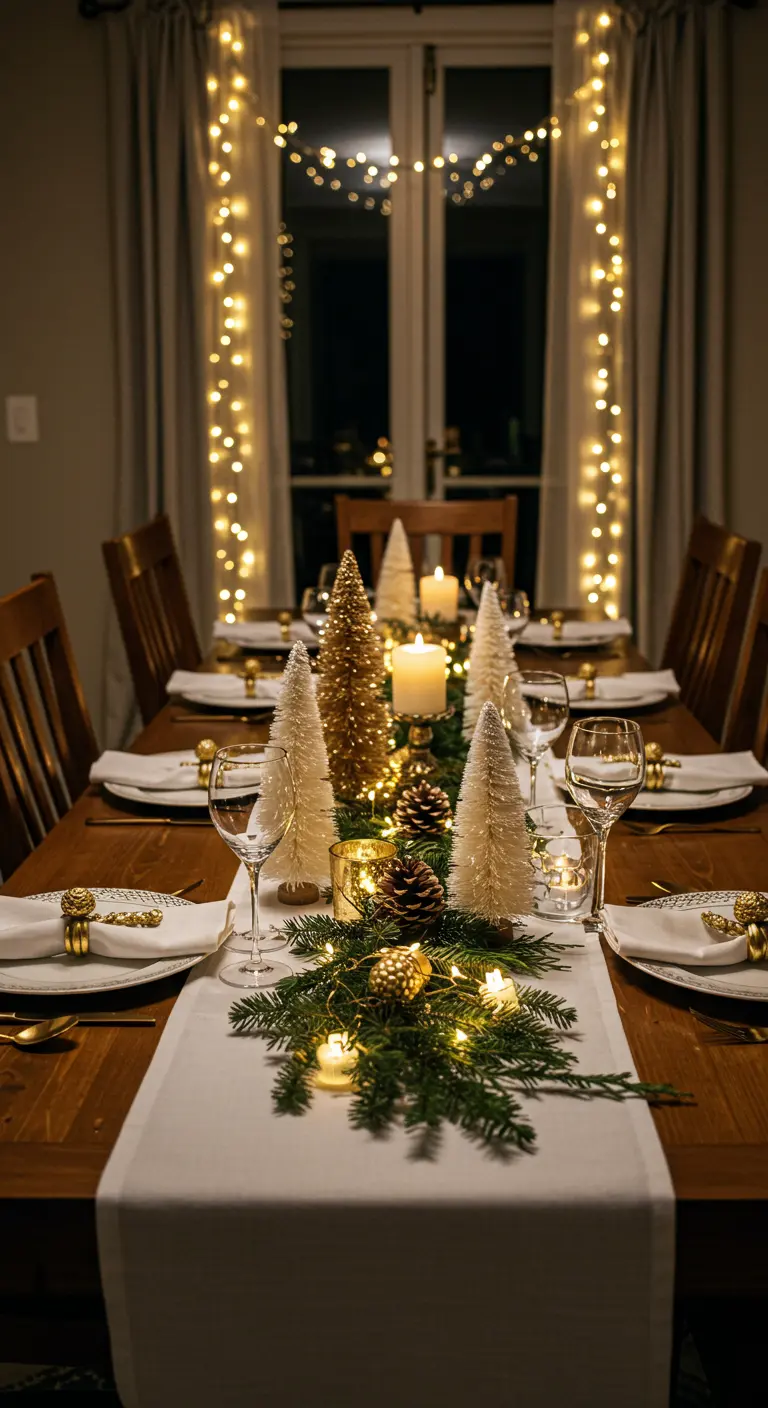 A cozy holiday dinner table with a centerpiece of greenery, bottlebrush trees, and fairy lights.