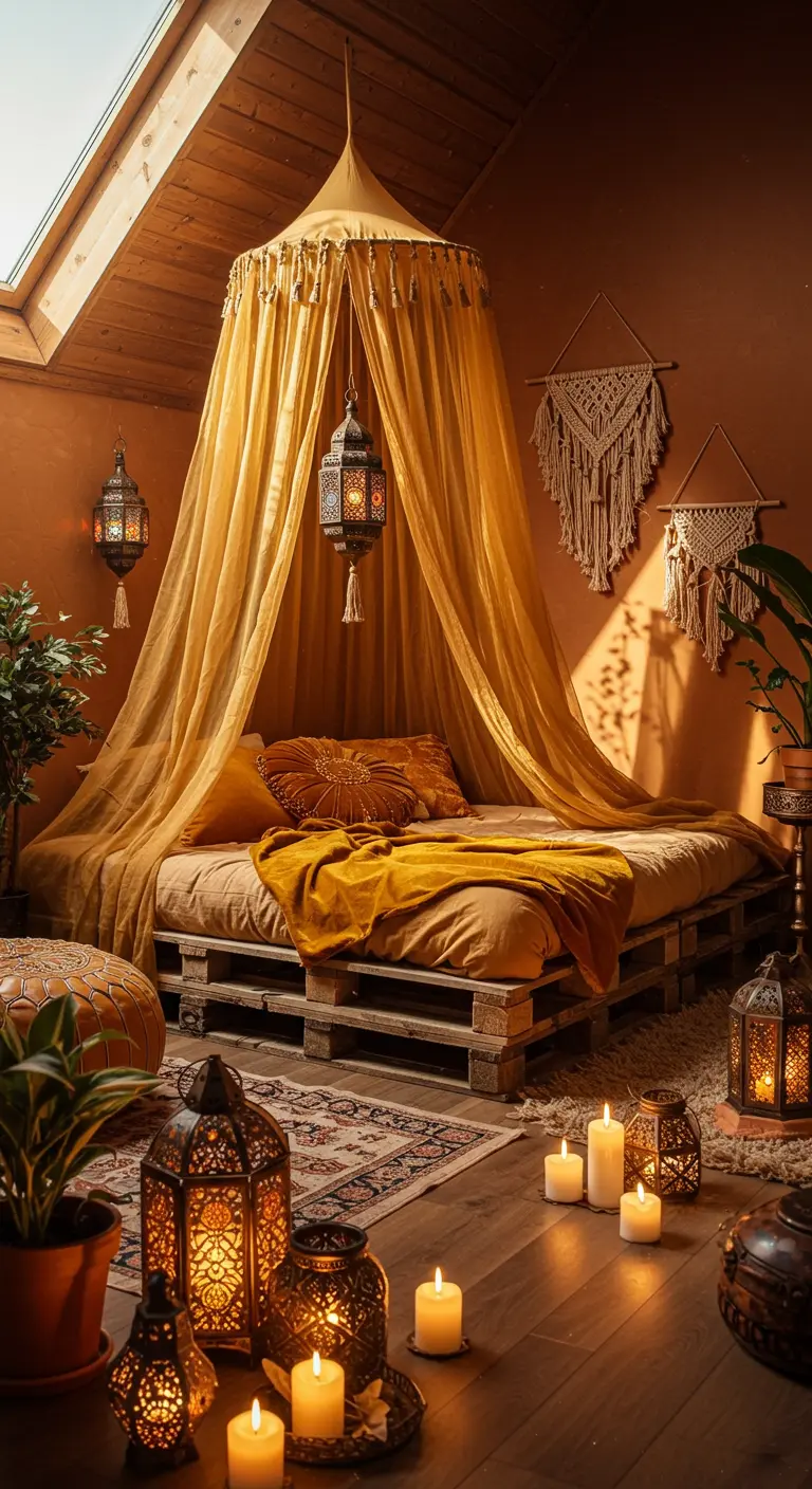 Moroccan-style bedroom with a pallet bed, yellow canopy, and lanterns.
