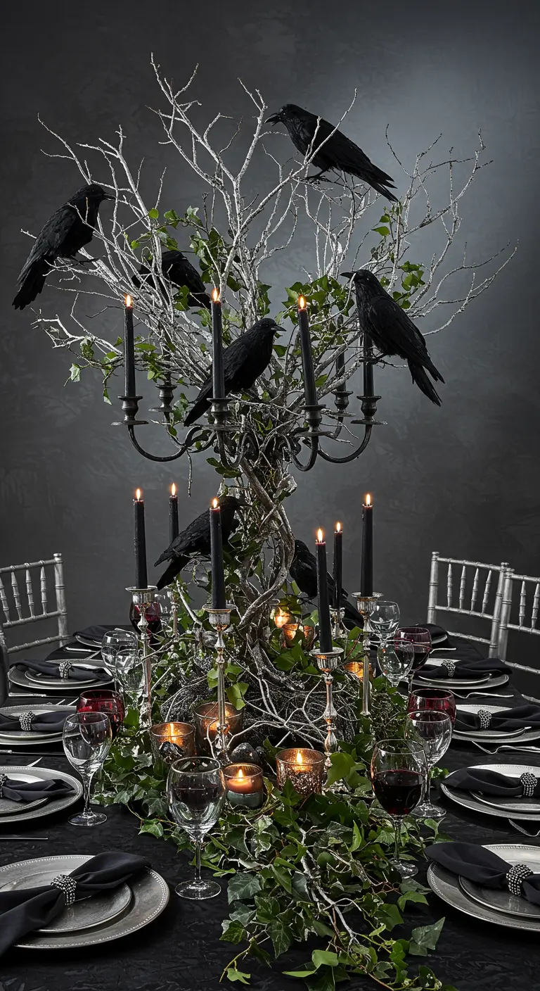 A dramatic table centerpiece of silver branches, black crows, and candelabras.