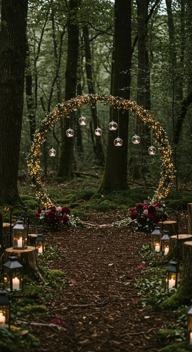 A circular wedding arch in the woods, glowing with fairy lights and hanging candles.