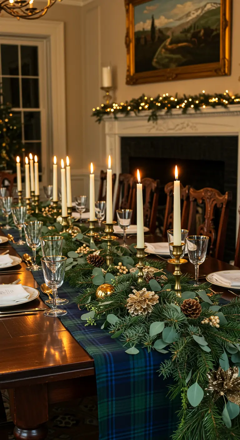 An elegant dining table with a plaid runner, pine garland, and tall brass candlesticks.