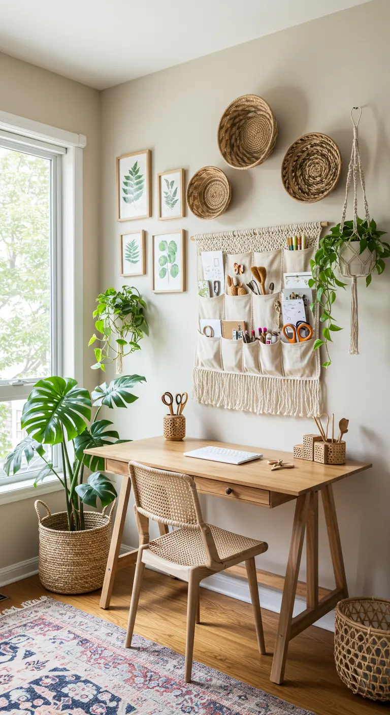 Bohemian home office with a macrame wall organizer, woven baskets, and botanical art.