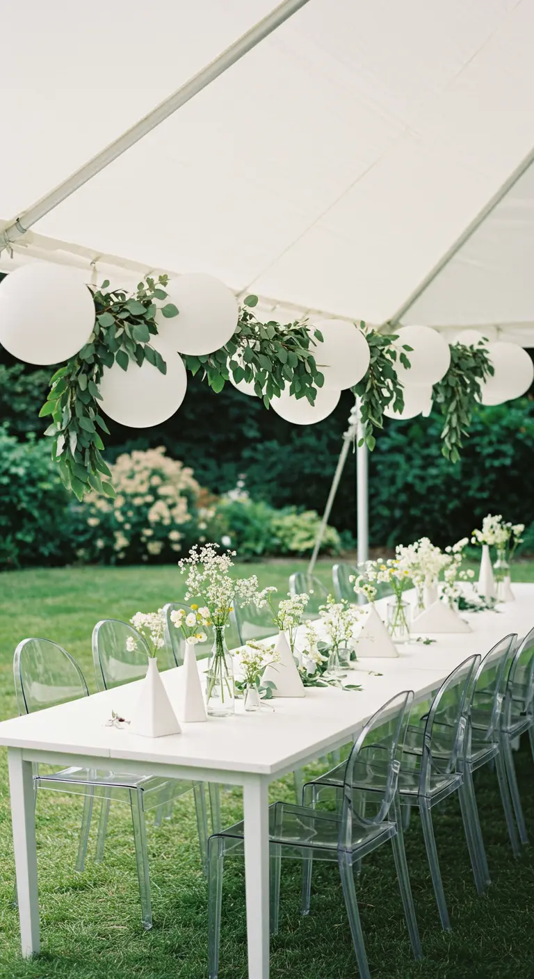 A white balloon garland decorated with fresh eucalyptus hanging inside a garden party tent.