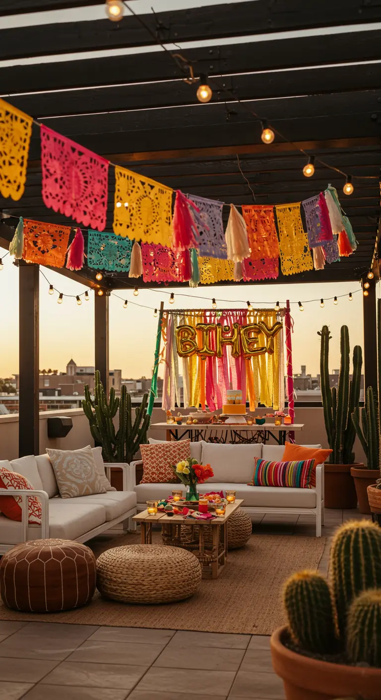 A sunset rooftop party with papel picado and string lights over a white couch and birthday decor.