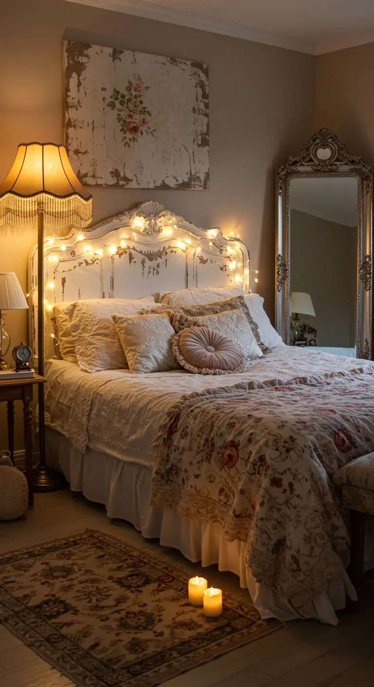 A bed with a distressed white headboard illuminated by warm fairy lights.