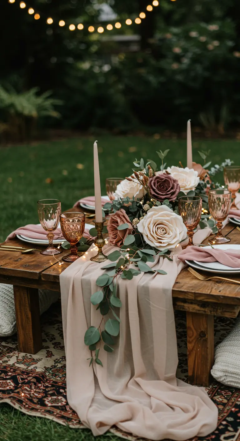 A romantic low picnic table with a dusty rose runner, eucalyptus garland, and candles.