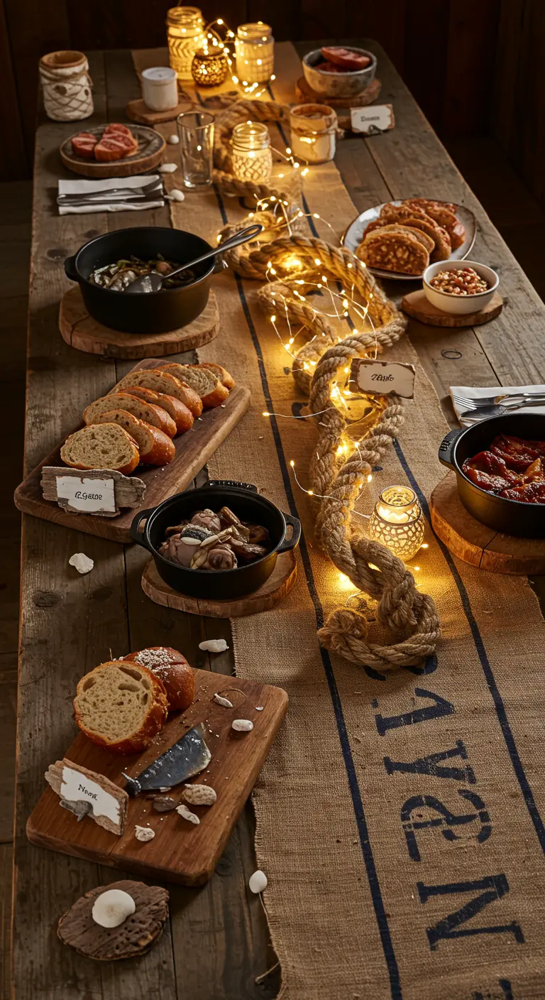 Rustic wooden table with a rope and fairy light runner, creating a warm glow.