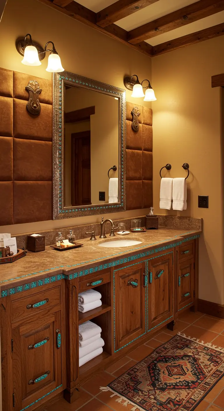 Southwestern-style bathroom with brown padded walls and a wood vanity featuring turquoise inlay.