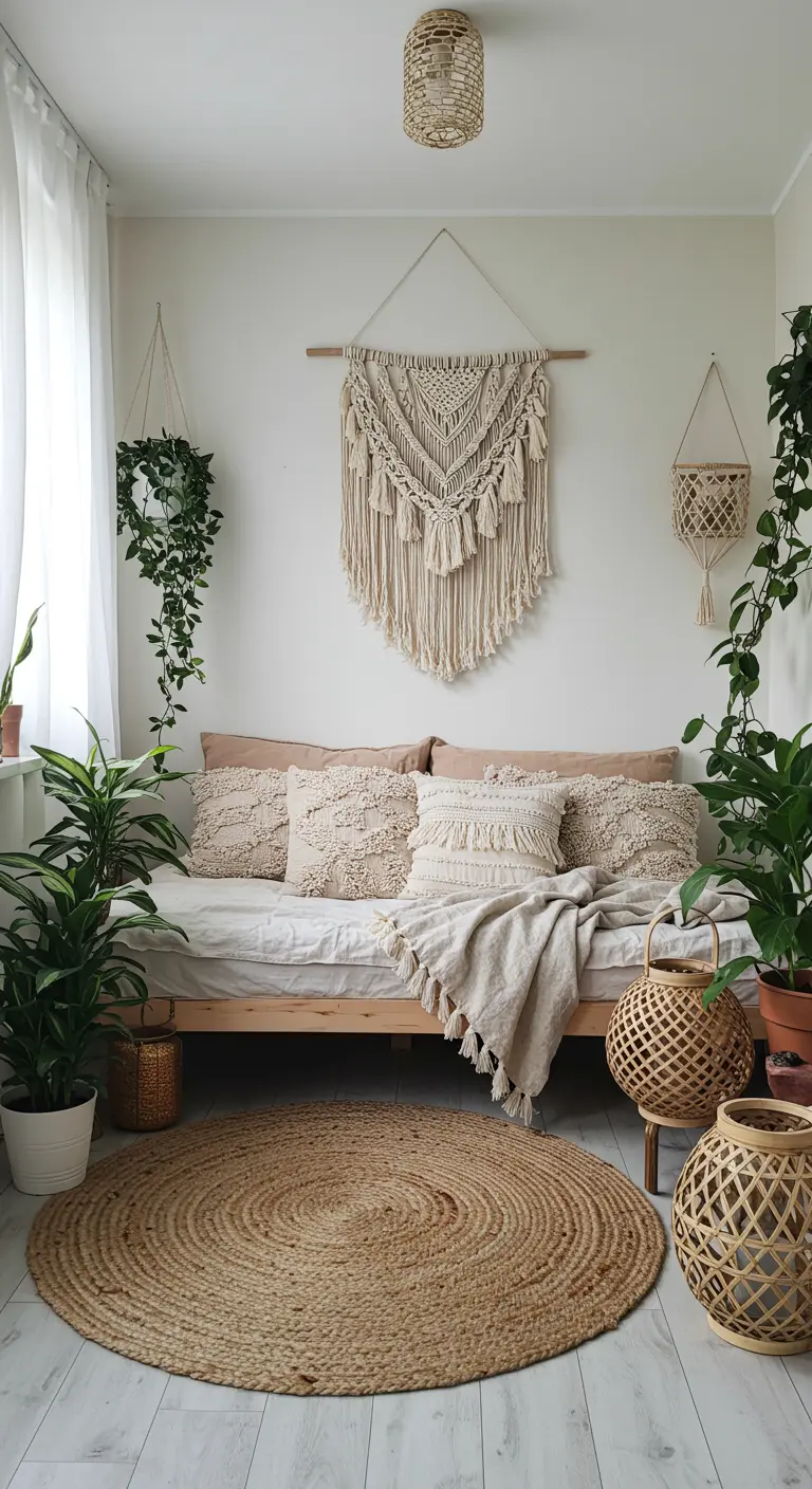 Bohemian daybed nook with a large macrame wall hanging and many plants.