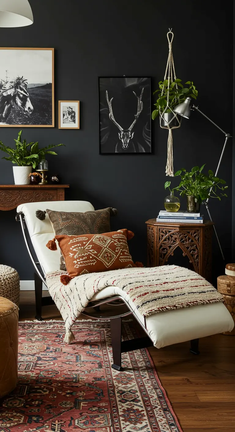 A white chaise decorated with bohemian-style pillows and throws in a dark, eclectic room.