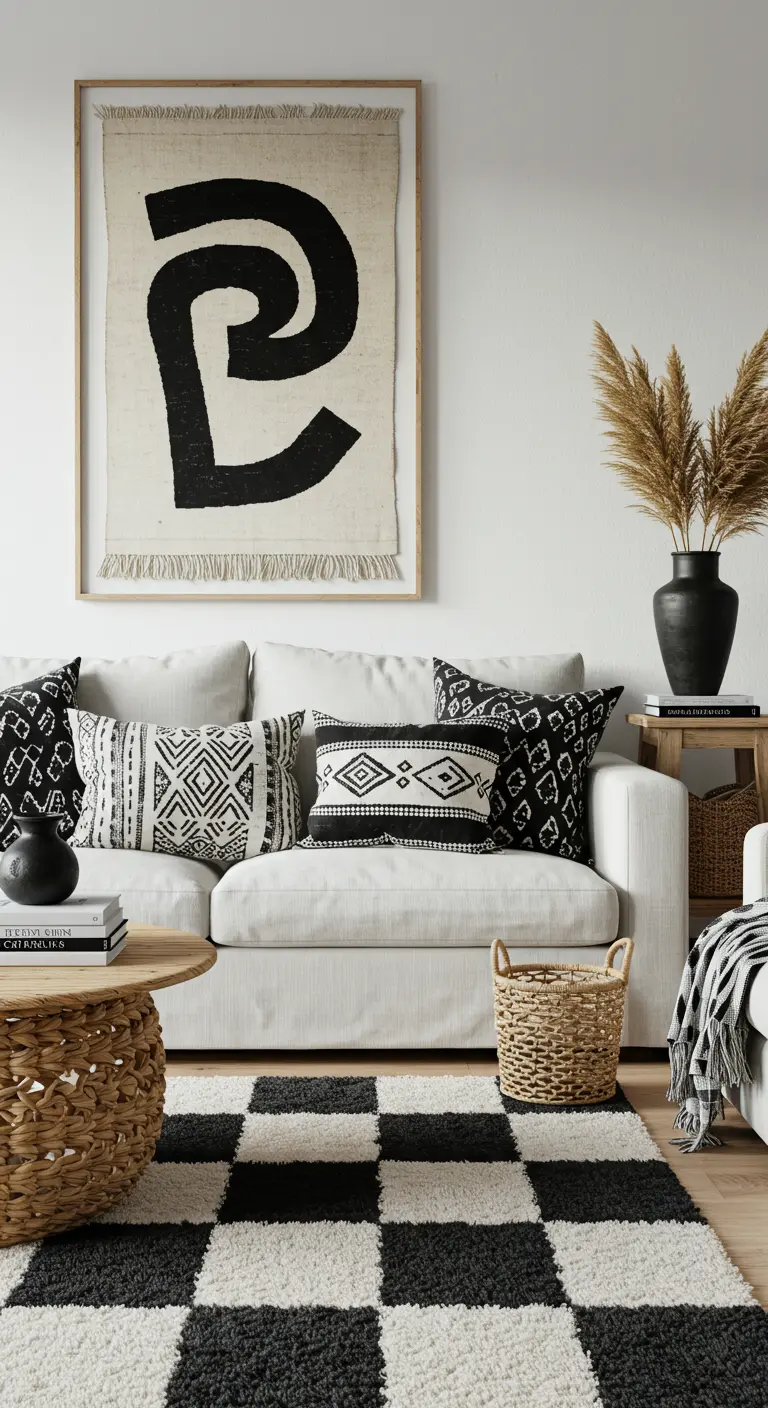 Bohemian-inspired living room with a checkerboard rug, patterned pillows, and woven accents.