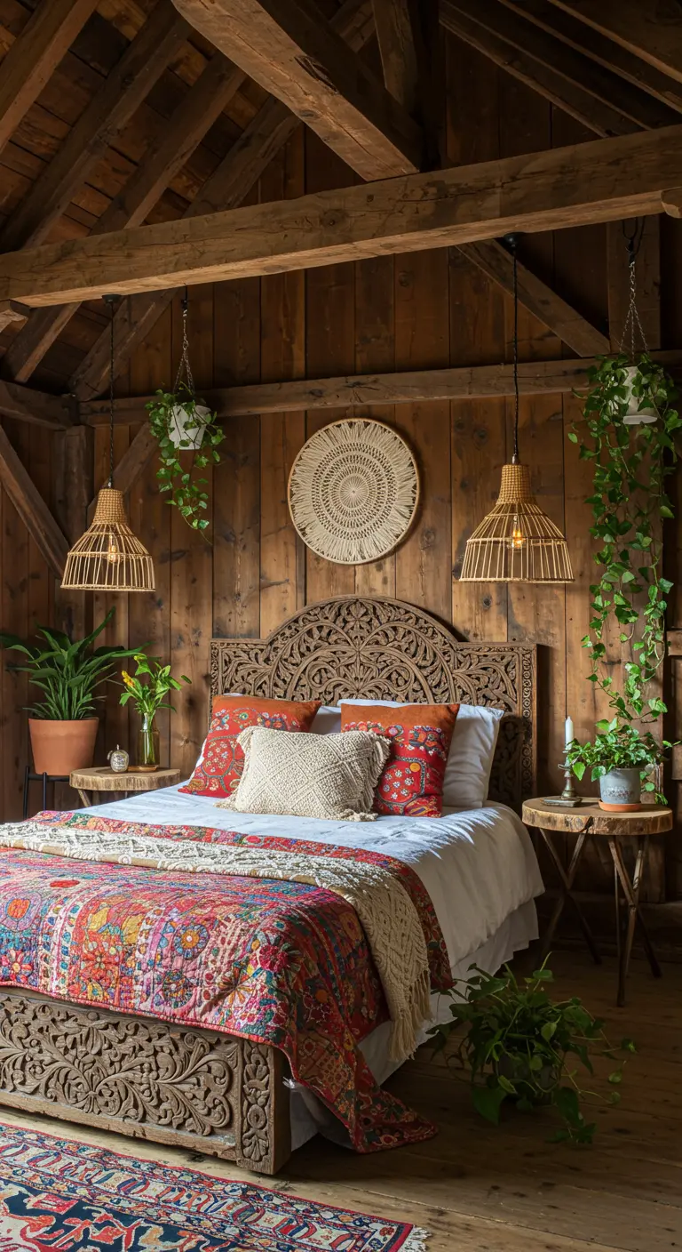 Bohemian-style bedroom with a carved wooden bed, rattan lights, and colorful textiles.